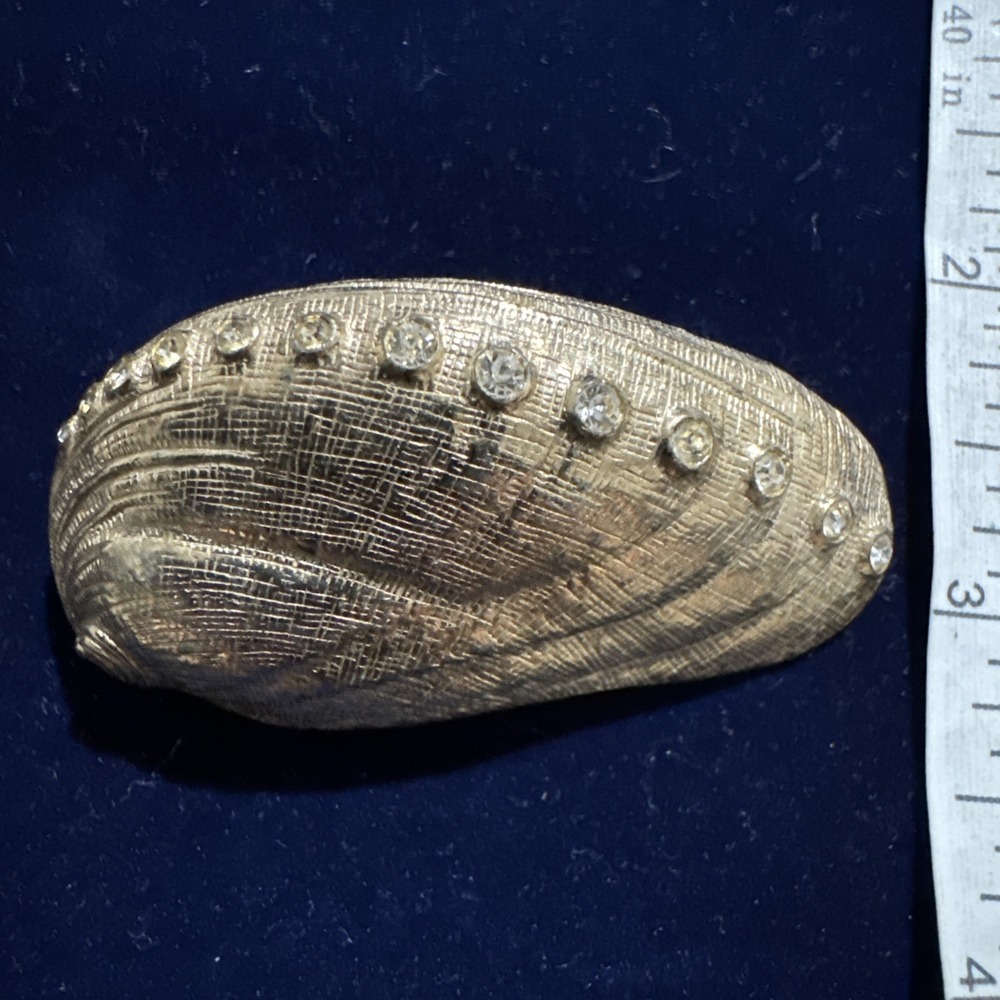 Castlecliff Rare Vintage Large Gold Tone Shell Brooch Nautical Signed Rhinestone